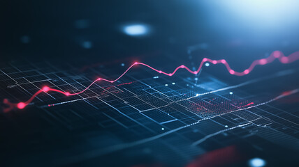 glowing lines with glowing red data points on dark blue background. 