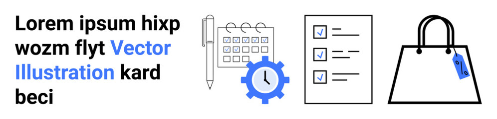 Pen, calendar with cogwheel, checklist, and shopping bag with tag emphasizing planning, productivity, and organization. Ideal for time management, shopping, reminders goals e-commerce productivity