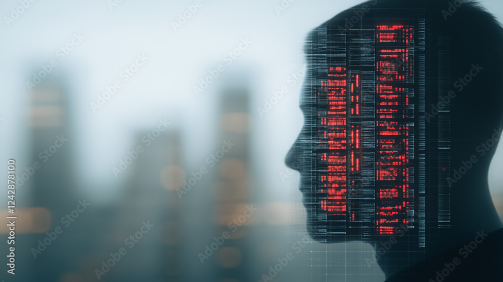 Poster a man's profile with red binary code overlayed.