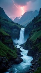 Fototapeta premium Thunderstorm rages through a narrow mountain valley, mountains, weather, waterfall