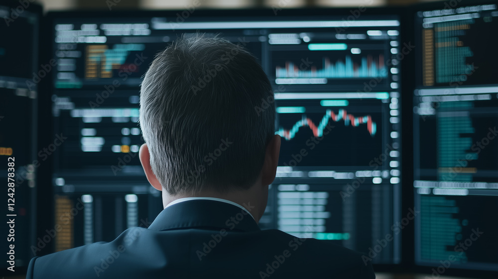 Poster man reviewing data on multiple monitors.