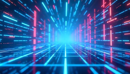 Obraz premium Abstract digital corridor with glowing blue and red lines