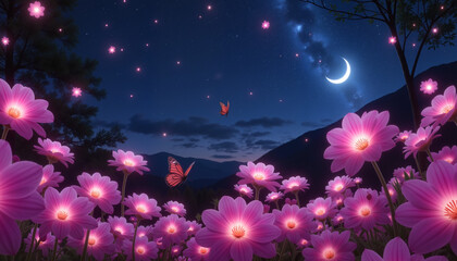 Glowing pink flowers and butterflies under crescent moonlight, serenity