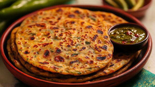Close up shot of beetroot fenugreek paratha with green chilli chutney isolated on a colorful background