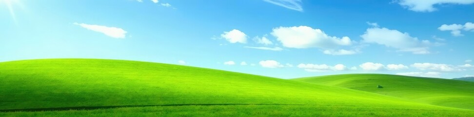 Fototapeta premium Soft focus of a blue sky over a rolling hill of green grass, grass, serene
