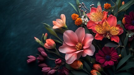 Vibrant coral flowers bloom softly against a dark teal background. AI Generated