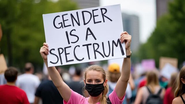 A Young Activist Raises Awareness for Gender Diversity at a Public Protest in an Urban Setting, Holding a Sign That Reads 'Gender Is a Spectrum' While Surrounded by Supporters