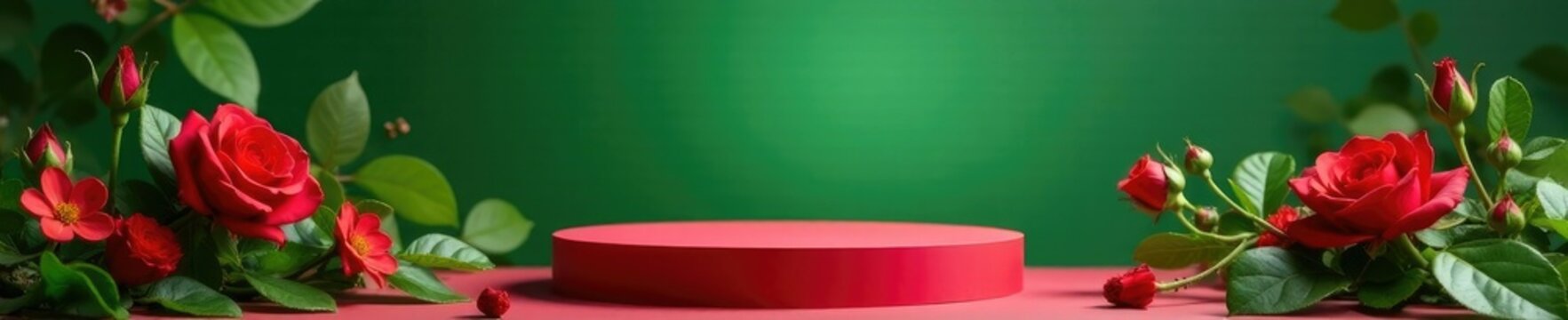 Rose-filled red podium against a serene green background, flowers, nature, scenery