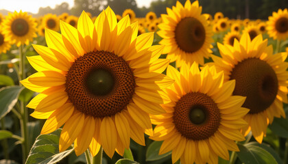 Obraz premium Vibrant sunflowers blooming in golden sunlight, nature's beauty