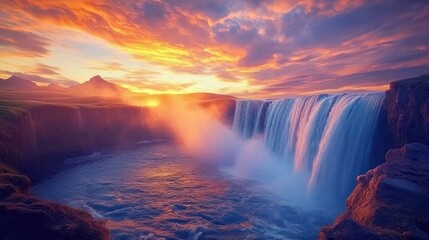 Dramatic sunset over Icelandic waterfall