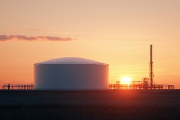 Expansive liquefied natural gas LNG facility with a giant storage tank, illuminated infrastructure, and an active flare stack against a hazy backdrop