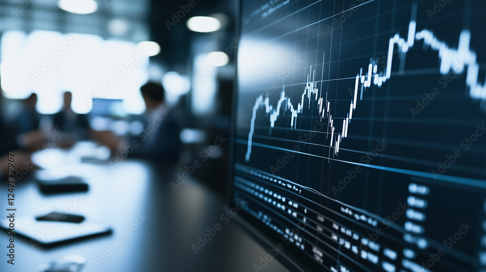 Poster a close-up of a computer monitor displaying a graph of stock market data in an office environment.