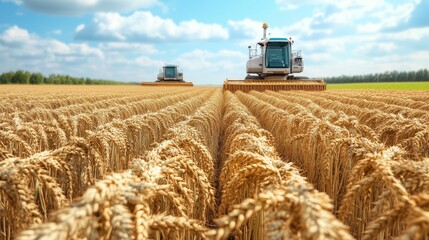 Fototapeta premium Two large harvesting machines work efficiently in a golden wheat field during harvest season. The bright blue sky and lush green trees create a picturesque backdrop.