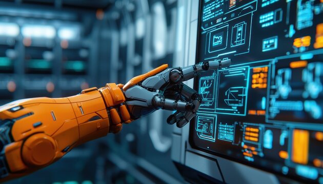 Futuristic smart factory with advanced robotics, automated machinery, and holographic data overlays, representing Industry 40 innovation