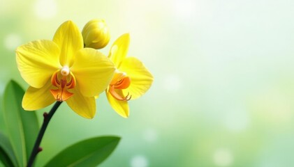 Fototapeta premium Majestic yellow orchid blooms against a soft white and green canvas, landscape, garden