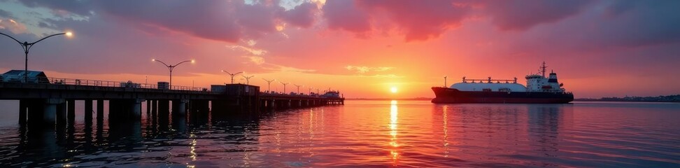 Obraz premium Jetty and dock in the fading light of sunset with an LPG tanker moored, Marina, Shipping