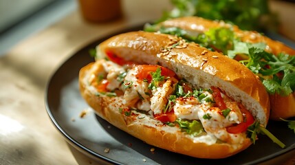 Mouth-Watering Close-Up of a Perfectly Crafted Sandwich Loaded with Fresh Ingredients