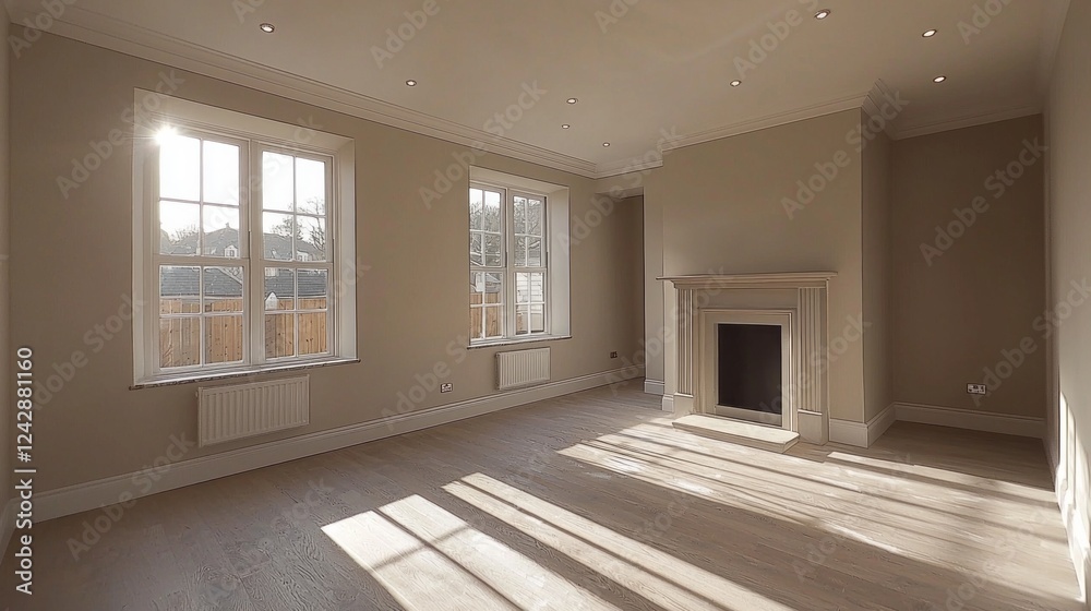 Poster a spacious living area showcases clean lines and an elegant fireplace. sunlight streams through larg