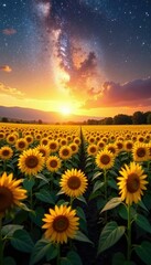 Fototapeta premium Golden sunflower fields stretch towards a bright milky way, sunset, flower field, fields