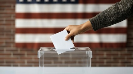 A hand casts a ballot into a clear box, with an American flag in the background, symbolizing democracy and the voting process.