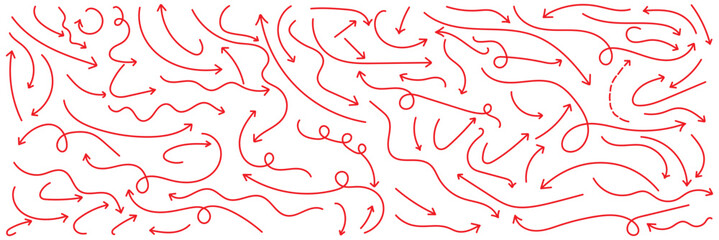 Hand drawn vector arrow set. Collection of line arrows. Set simple curved hand drawn arrows. Collection of pointers.  Set of simple of hand drawn Red arrows. Set of simple lines hand drawn red arrows.