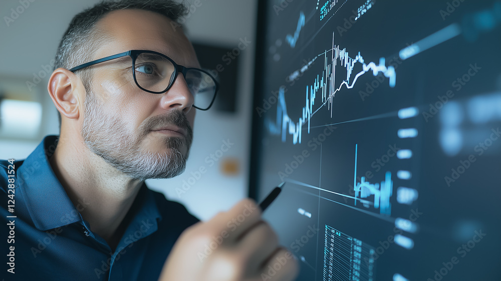 Poster man analyzing data on a large screen.