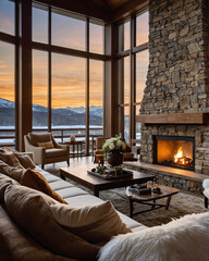 Obraz premium Inviting rustic living room with beige sofa stone wall glowing fireplace and large windows offering panoramic snowy mountain views at golden hour Interior Design Inspiration
