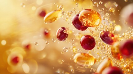 Golden-hued capsules splash; vibrant bokeh background; health supplement advertising
