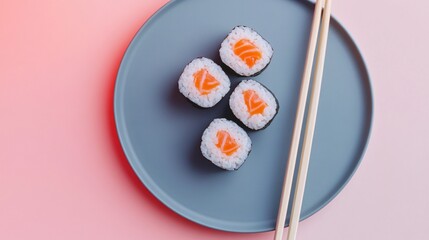 Four salmon maki rolls sitting on a modern plate with chopsticks