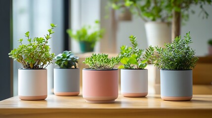 Five potted plants sit on a wooden table near a window