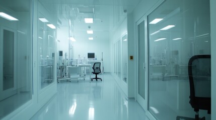 Cleanroom corridor, medical equipment, sterile environment, reflection, research