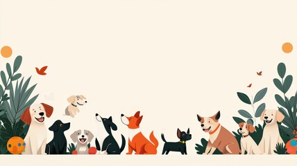 Whimsical illustration featuring a variety of playful dogs surrounded by plants and simple geometric shapes, creating a cheerful atmosphere.