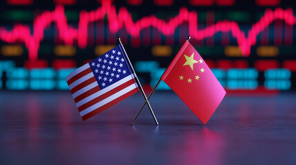 Miniature flags of the United States and China crossed in the foreground, symbolizing economic relations, with a blurred stock market chart displaying financial trends in the background.