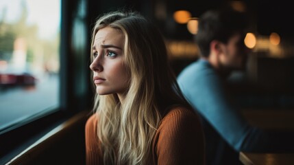 Obraz premium Sad woman cafe window heartbreak relationship trouble
