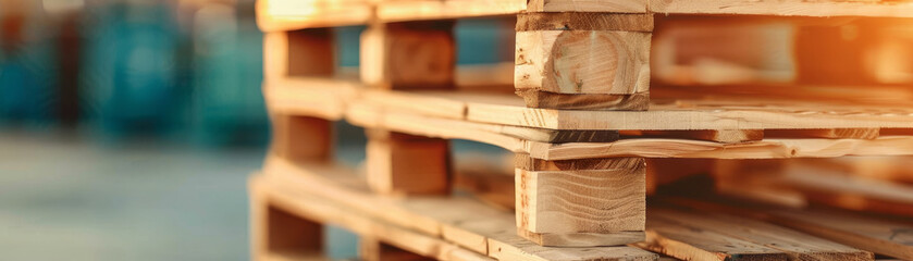 Stack of wooden pallets in an industrial warehouse. Efficient cargo storage and transportation. Sustainability, renewable materials, and eco-friendly practices in modern supply chain management.