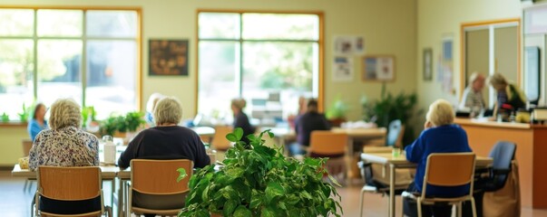 Seniors gather at community center, enjoying daylight, staff at reception