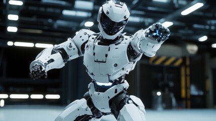 White robot posing in futuristic factory