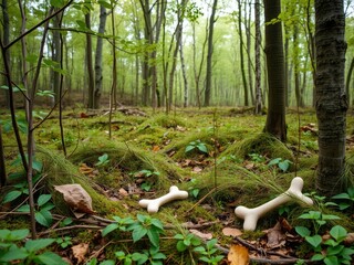 Woodland landscape with dog paw print and bone in the underbrush, animal habitats, nature photography, outdoor scenery