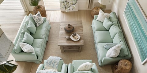Coastal Living Room Sage Green Sofas and Wooden Table