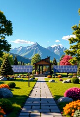 Obraz premium Serene modern tiny home landscape with solar panels, eco-friendly architecture for bright backgrounds, 8K photorealistic
