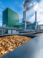 Industrial facility with smokestacks releasing emissions into a blue sky, depicting the environmental impact and showcasing renewable energy materials and modern solutions for industrial applications.