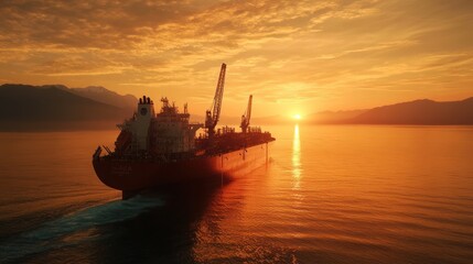 Fototapeta premium Cargo Ship Sailing at Sunset Near Mountains