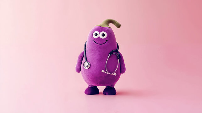 une peluche d'aubergine avec un st&eacute;thoscope sur fond rose, consulter un sexologue