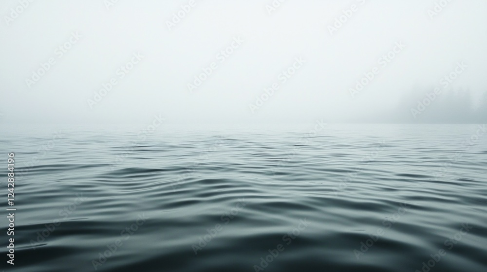 Poster ripples gently dance across the serene surface of the lake as a thick blanket of fog drapes the land