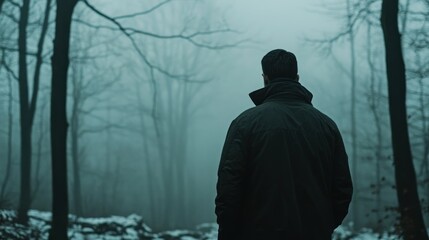 Man alone in foggy winter forest, contemplating