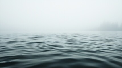 Naklejka premium Ripples gently dance across the serene surface of the lake as a thick blanket of fog drapes the landscape, creating a peaceful, ethereal atmosphere at dawn
