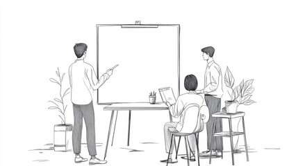 Team brainstorming ideas on whiteboard, office plants background; business presentation