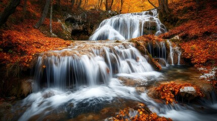 Fototapeta premium Autumn Waterfall Forest Stream Landscape Nature