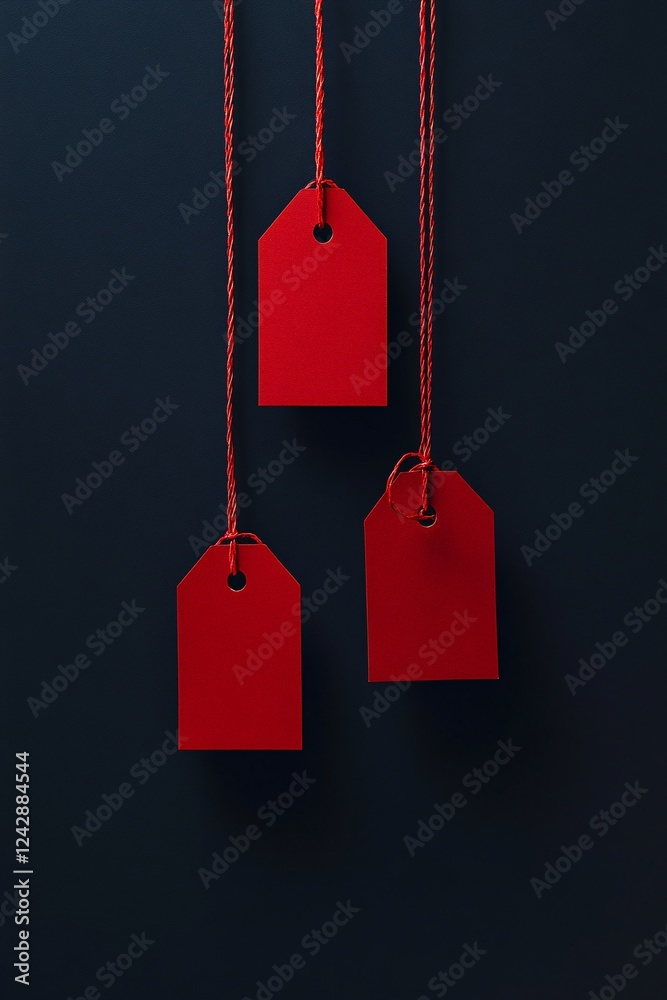 Poster three red gift tags hanging on red string on dark background