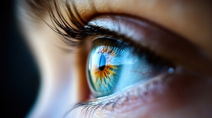 Close-up eye, vibrant iris, dark background, medical/advertising use